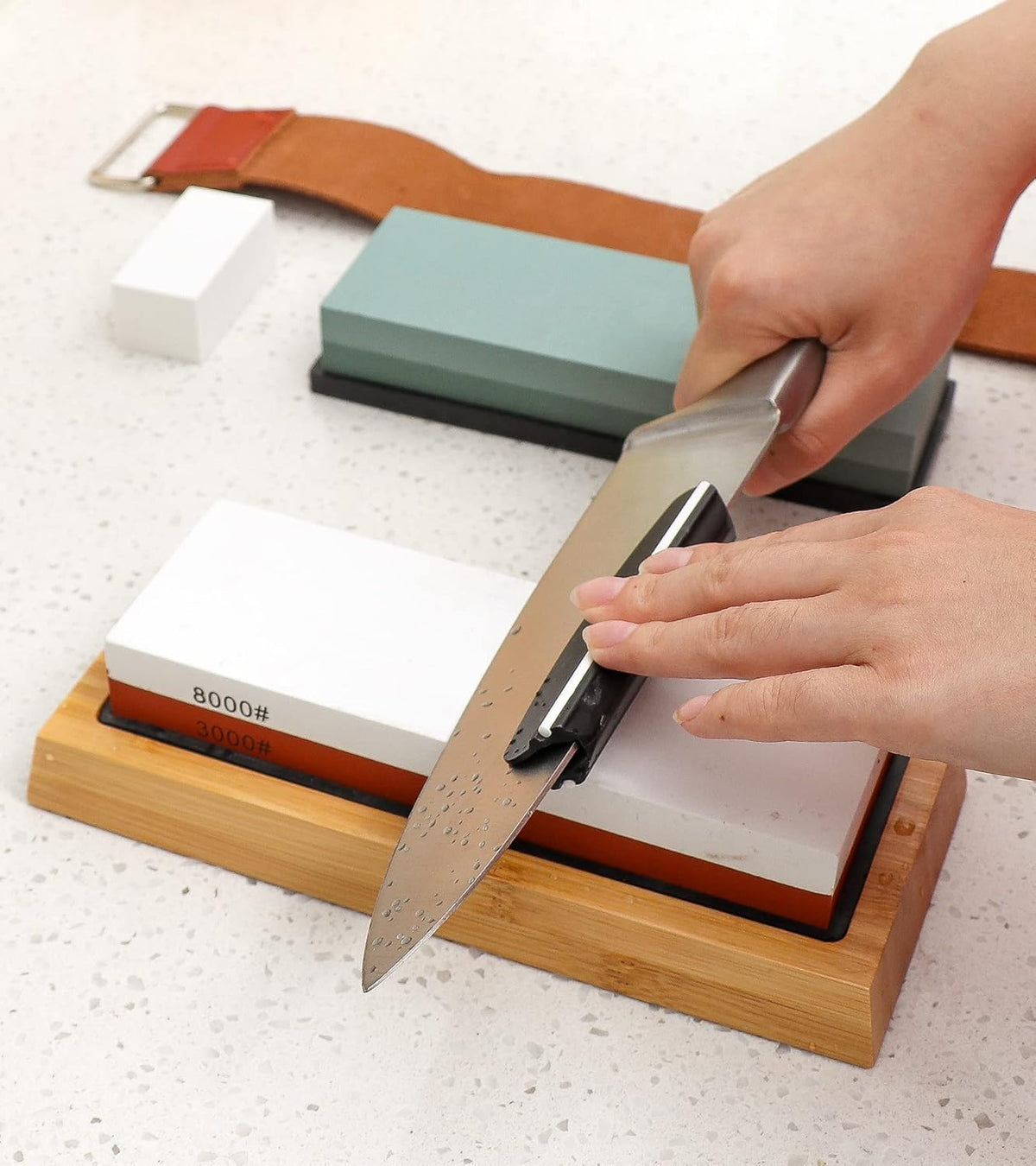 Sharpening Stone Whetstone Set Kitchen Knife Sharpener Stone Wet Stones for Sharping Knives Kit with Non-slip Rubber Base (400/1000+3000/8000)