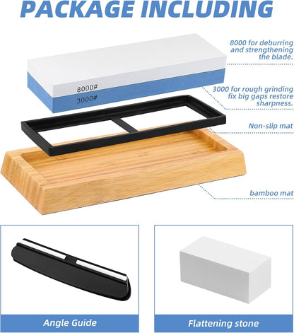 Sharpening Stone Whetstone Set Kitchen Knife Sharpener Stone Wet Stones for Sharping Knives Kit with Non-slip Rubber Base (400/1000+3000/8000)