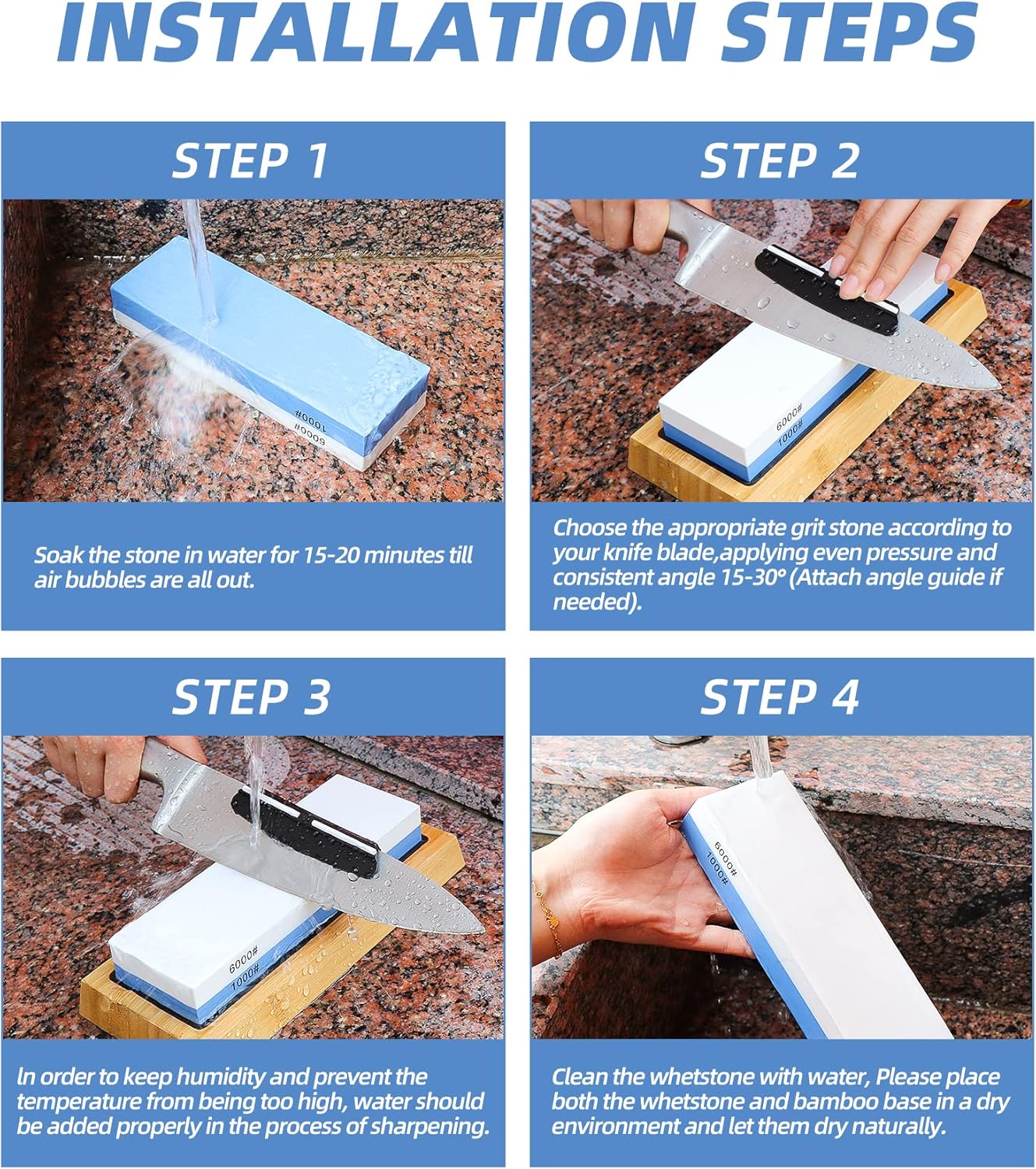 Sharpening Stone Whetstone Set Kitchen Knife Sharpener Stone Wet Stones for Sharping Knives Kit with Non-slip Rubber Base (400/1000+3000/8000)