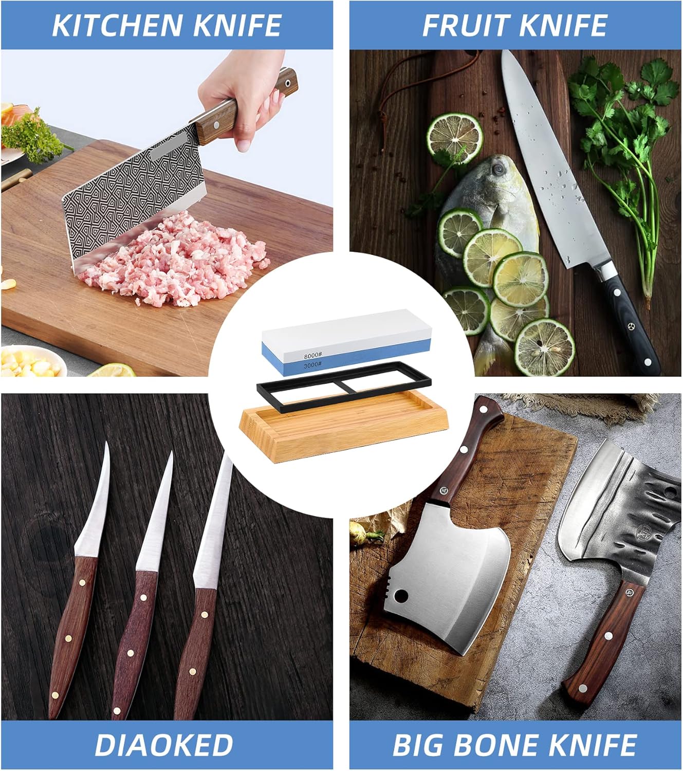 Sharpening Stone Whetstone Set Kitchen Knife Sharpener Stone Wet Stones for Sharping Knives Kit with Non-slip Rubber Base (400/1000+3000/8000)