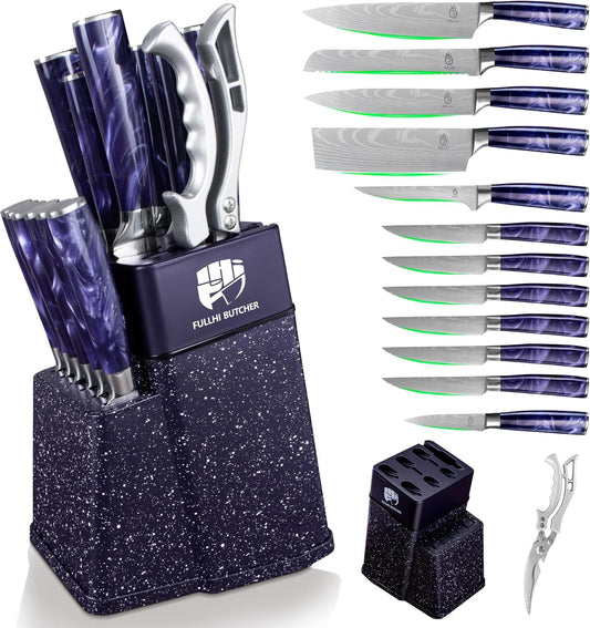 FULLHI 14pcs Block Knife Set, Chef's Knife Steak Knives Set with Block and Sharpener, Kitchen Knife Set, Multi-colour Handle, Gifts for Men Women
