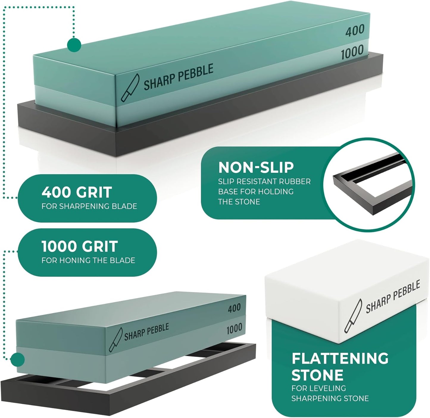 Premium Whetstone Knife Sharpening Stone 2 Side Grit 400/1000 Wetstone Kit -Wetstone Kitchen Knife Sharpener with Flattening Stone & NonSlip Rubber Base