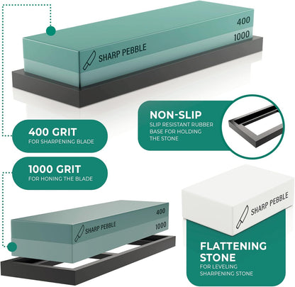 Premium Whetstone Knife Sharpening Stone 2 Side Grit 400/1000 Wetstone Kit -Wetstone Kitchen Knife Sharpener with Flattening Stone & NonSlip Rubber Base