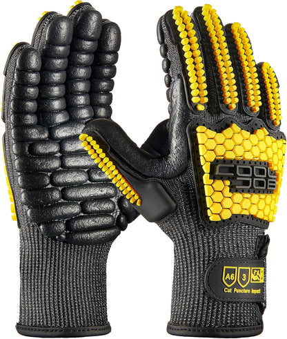 A6 Cut Resistant Anti Vibration Work Gloves Men, TPR Impact Reduce Mittens, Palm Rubber Patch Shock Absorption, S-2XL