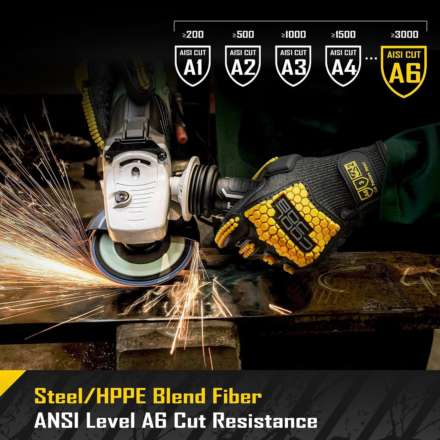 A6 Cut Resistant Anti Vibration Work Gloves Men, TPR Impact Reduce Mittens, Palm Rubber Patch Shock Absorption, S-2XL
