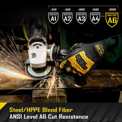 A6 Cut Resistant Anti Vibration Work Gloves Men, TPR Impact Reduce Mittens, Palm Rubber Patch Shock Absorption, S-2XL