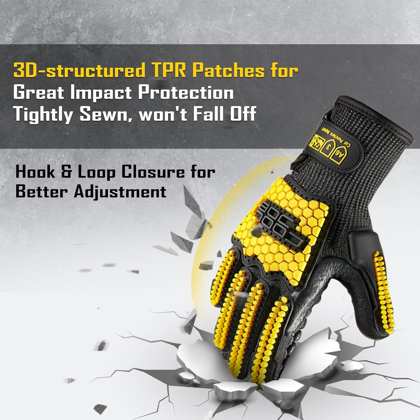 A6 Cut Resistant Anti Vibration Work Gloves Men, TPR Impact Reduce Mittens, Palm Rubber Patch Shock Absorption, S-2XL