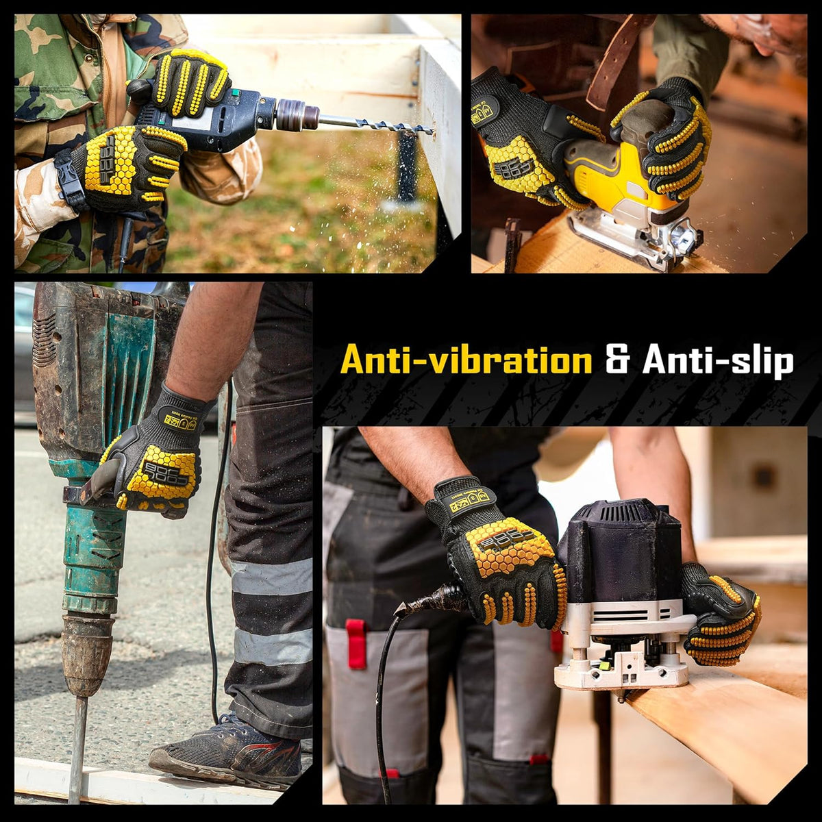 A6 Cut Resistant Anti Vibration Work Gloves Men, TPR Impact Reduce Mittens, Palm Rubber Patch Shock Absorption, S-2XL
