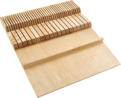 Dual Row Trim-to-Custom Fit Knife Block Drawer Organizer with Storage Holder for Kitchen Utensils, 55 Slot Cutlery Tray, Wood, 4WDKB-1