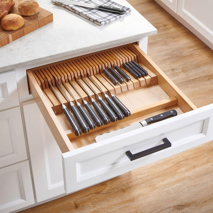Dual Row Trim-to-Custom Fit Knife Block Drawer Organizer with Storage Holder for Kitchen Utensils, 55 Slot Cutlery Tray, Wood, 4WDKB-1