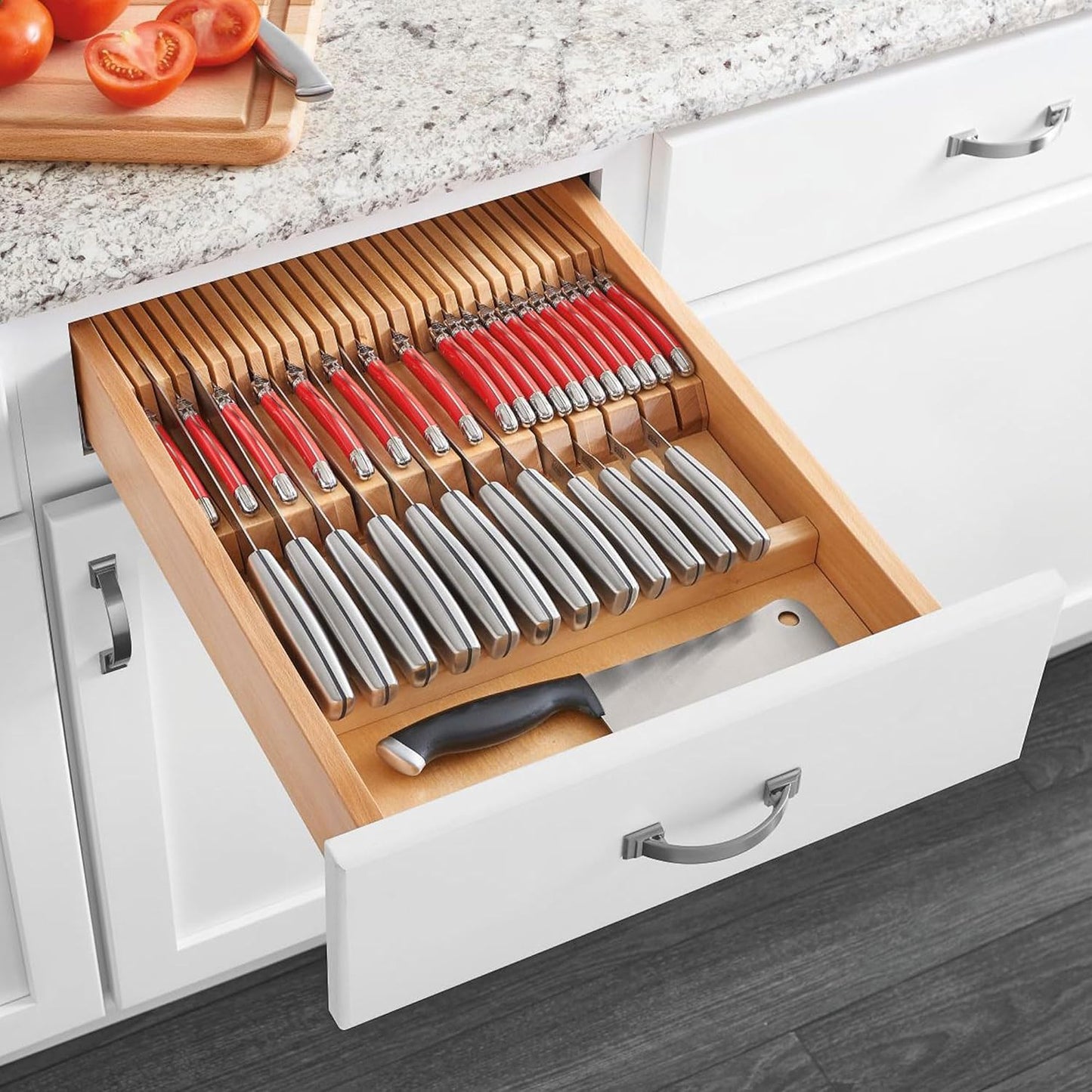 Dual Row Trim-to-Custom Fit Knife Block Drawer Organizer with Storage Holder for Kitchen Utensils, 55 Slot Cutlery Tray, Wood, 4WDKB-1