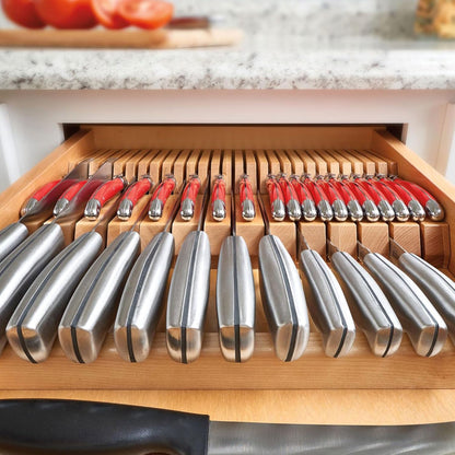 Dual Row Trim-to-Custom Fit Knife Block Drawer Organizer with Storage Holder for Kitchen Utensils, 55 Slot Cutlery Tray, Wood, 4WDKB-1