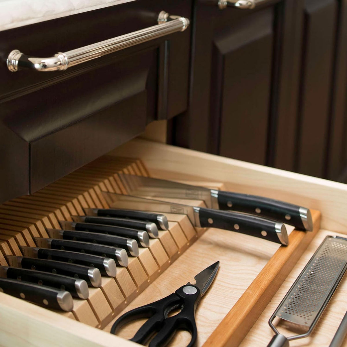 Dual Row Trim-to-Custom Fit Knife Block Drawer Organizer with Storage Holder for Kitchen Utensils, 55 Slot Cutlery Tray, Wood, 4WDKB-1