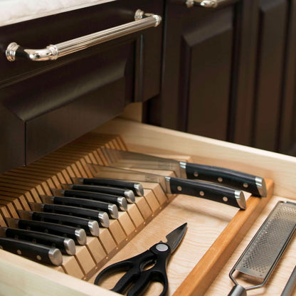 Dual Row Trim-to-Custom Fit Knife Block Drawer Organizer with Storage Holder for Kitchen Utensils, 55 Slot Cutlery Tray, Wood, 4WDKB-1