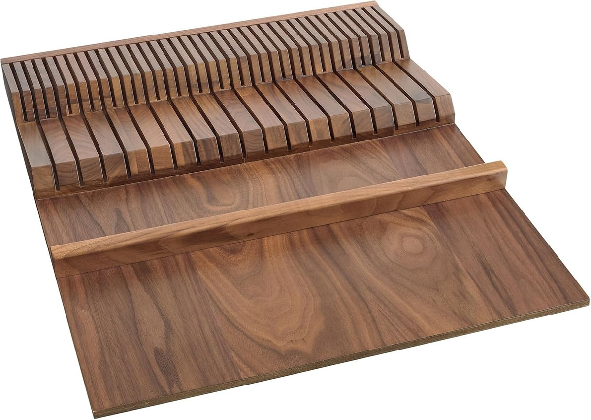 Dual Row Trim-to-Custom Fit Knife Block Drawer Organizer with Storage Holder for Kitchen Utensils, 55 Slot Cutlery Tray, Wood, 4WDKB-1