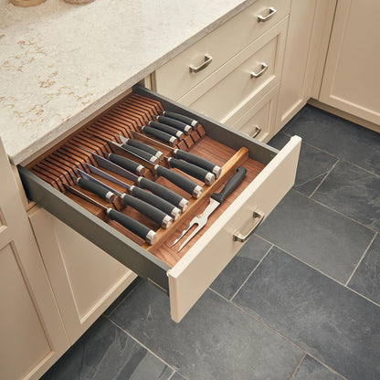 Dual Row Trim-to-Custom Fit Knife Block Drawer Organizer with Storage Holder for Kitchen Utensils, 55 Slot Cutlery Tray, Wood, 4WDKB-1