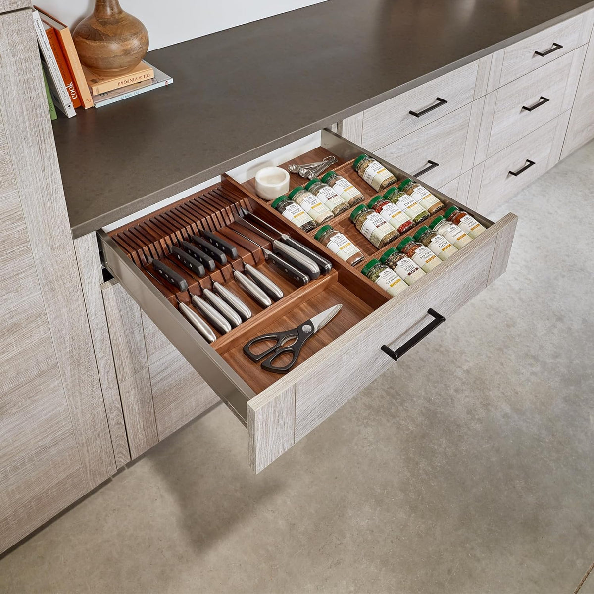 Dual Row Trim-to-Custom Fit Knife Block Drawer Organizer with Storage Holder for Kitchen Utensils, 55 Slot Cutlery Tray, Wood, 4WDKB-1