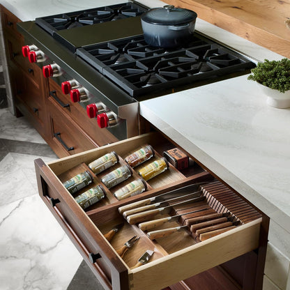Dual Row Trim-to-Custom Fit Knife Block Drawer Organizer with Storage Holder for Kitchen Utensils, 55 Slot Cutlery Tray, Wood, 4WDKB-1