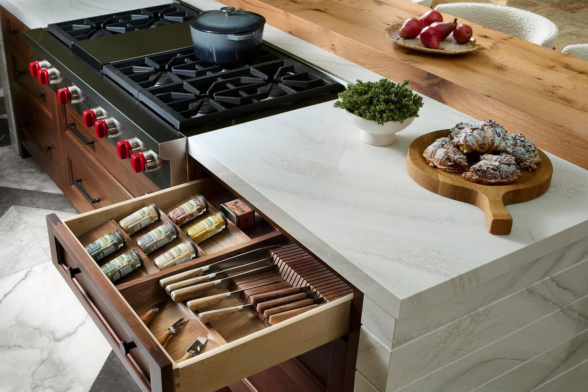 Dual Row Trim-to-Custom Fit Knife Block Drawer Organizer with Storage Holder for Kitchen Utensils, 55 Slot Cutlery Tray, Wood, 4WDKB-1