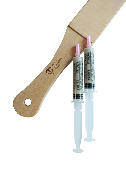 Kit of 11” Long Leather Paddle Strop for Knife Sharpening and Two Diamond Polishing Compounds with Medium Concentration for Sharpening Knives, Double Sided Leather Strop USA Made