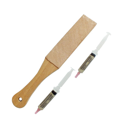 Kit of 11” Long Leather Paddle Strop for Knife Sharpening and Two Diamond Polishing Compounds with Medium Concentration for Sharpening Knives, Double Sided Leather Strop USA Made