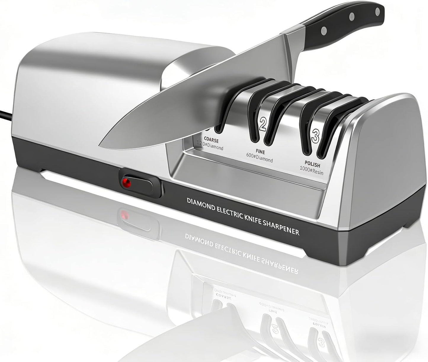 Electric Knife Sharpener 3 Stage, With 100% Diamond Abrasives and 15° Precision Angle Guides, Knife Sharpener Electric for all Kitchen Knives, Super Quiet Sharpenning and Polishing, Silver