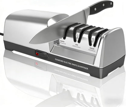 Electric Knife Sharpener 3 Stage, With 100% Diamond Abrasives and 15° Precision Angle Guides, Knife Sharpener Electric for all Kitchen Knives, Super Quiet Sharpenning and Polishing, Silver