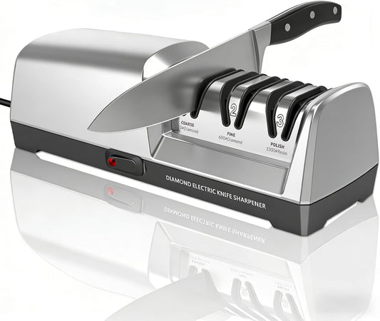 Electric Knife Sharpener 3 Stage, With 100% Diamond Abrasives and 15° Precision Angle Guides, Knife Sharpener Electric for all Kitchen Knives, Super Quiet Sharpenning and Polishing, Silver