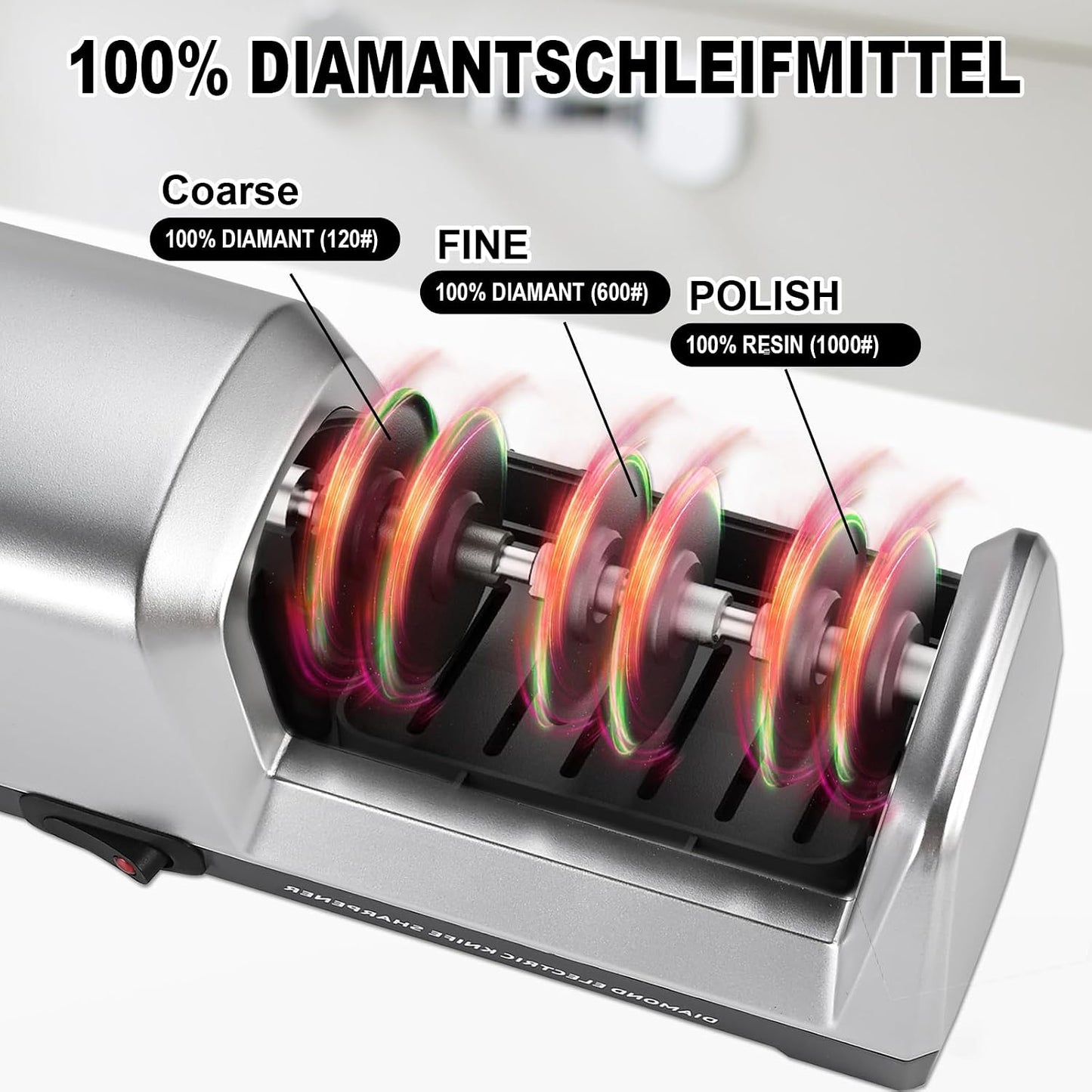 Electric Knife Sharpener 3 Stage, With 100% Diamond Abrasives and 15° Precision Angle Guides, Knife Sharpener Electric for all Kitchen Knives, Super Quiet Sharpenning and Polishing, Silver