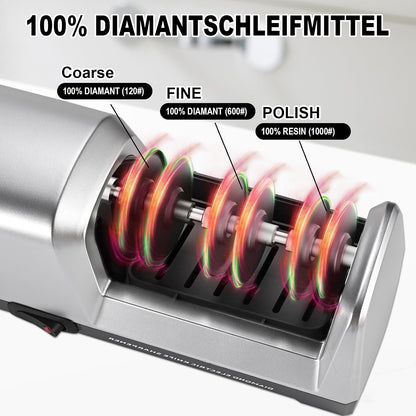 Electric Knife Sharpener 3 Stage, With 100% Diamond Abrasives and 15° Precision Angle Guides, Knife Sharpener Electric for all Kitchen Knives, Super Quiet Sharpenning and Polishing, Silver
