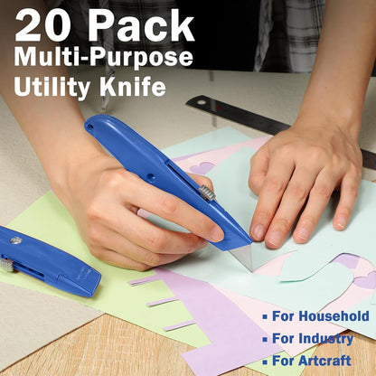 20 Pcs Box Cutter Bulk Retractable Utility Knife Heavy Duty Aluminum Alloy Razor Knife for Cardboard Box Carton Opener for DIY, Factory, Home Office(Red, Yellow, Blue, Green)