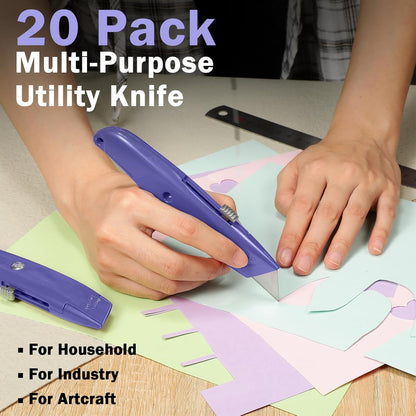 20 Pcs Box Cutter Bulk Retractable Utility Knife Heavy Duty Aluminum Alloy Razor Knife for Cardboard Box Carton Opener for DIY, Factory, Home Office(Red, Yellow, Blue, Green)