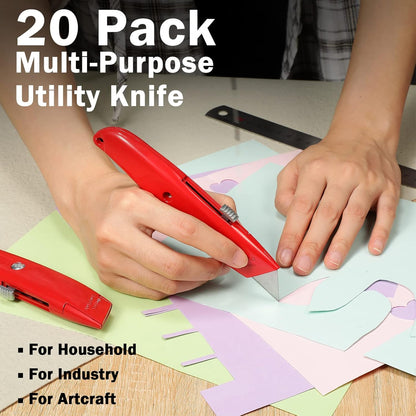 20 Pcs Box Cutter Bulk Retractable Utility Knife Heavy Duty Aluminum Alloy Razor Knife for Cardboard Box Carton Opener for DIY, Factory, Home Office(Red, Yellow, Blue, Green)