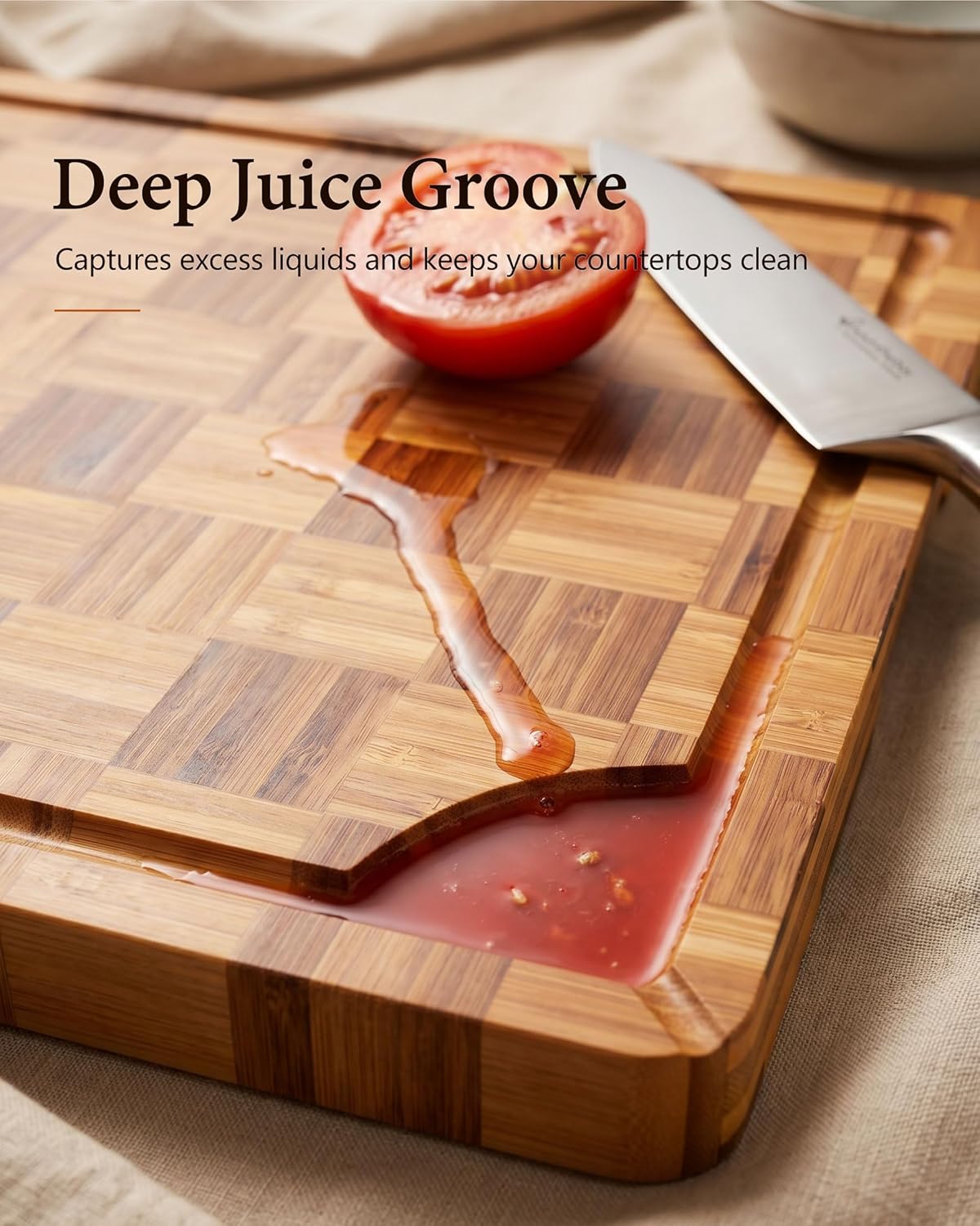 Bamboo Cutting Board 18" x 12", Heavy Duty Checkered End Grain Butcher Block for Kitchen with Deep Juice Grooves and Handles for Meat, Cheese, Charcuterie and Dough
