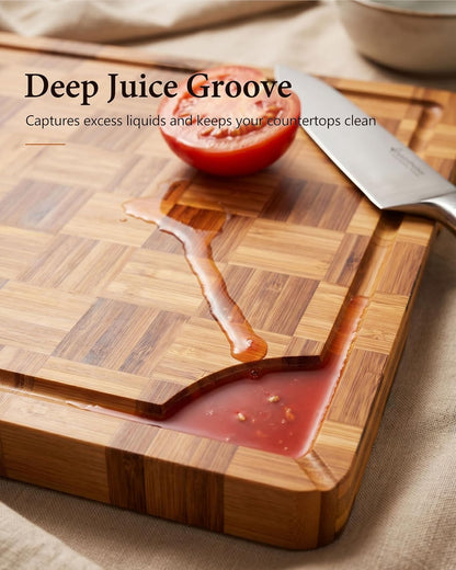 Bamboo Cutting Board 18" x 12", Heavy Duty Checkered End Grain Butcher Block for Kitchen with Deep Juice Grooves and Handles for Meat, Cheese, Charcuterie and Dough
