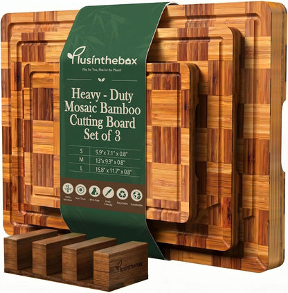Bamboo Cutting Board 18" x 12", Heavy Duty Checkered End Grain Butcher Block for Kitchen with Deep Juice Grooves and Handles for Meat, Cheese, Charcuterie and Dough