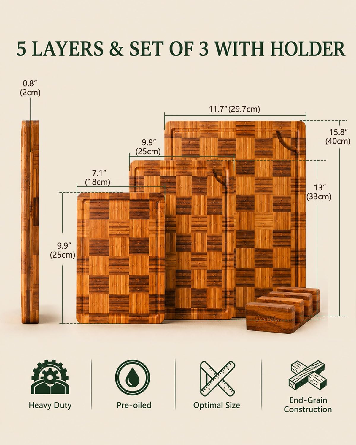 Bamboo Cutting Board 18" x 12", Heavy Duty Checkered End Grain Butcher Block for Kitchen with Deep Juice Grooves and Handles for Meat, Cheese, Charcuterie and Dough
