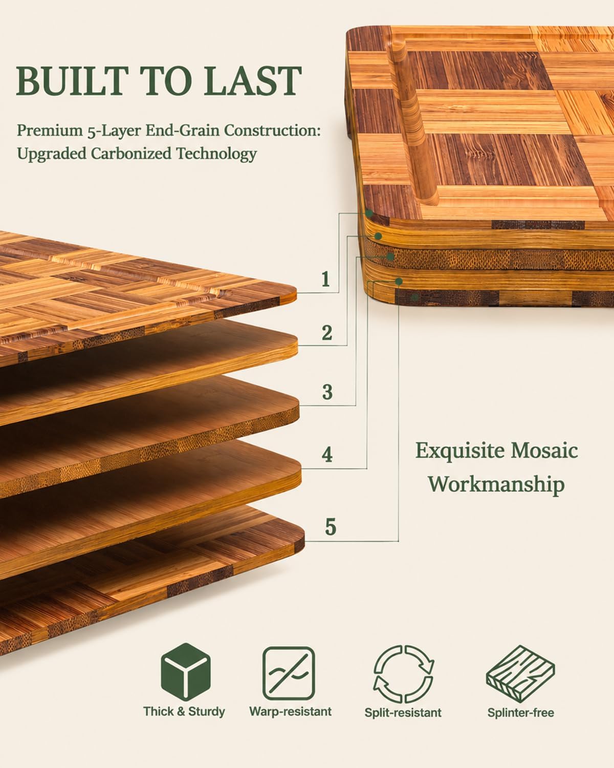 Bamboo Cutting Board 18" x 12", Heavy Duty Checkered End Grain Butcher Block for Kitchen with Deep Juice Grooves and Handles for Meat, Cheese, Charcuterie and Dough