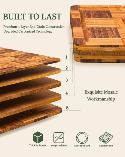 Bamboo Cutting Board 18" x 12", Heavy Duty Checkered End Grain Butcher Block for Kitchen with Deep Juice Grooves and Handles for Meat, Cheese, Charcuterie and Dough