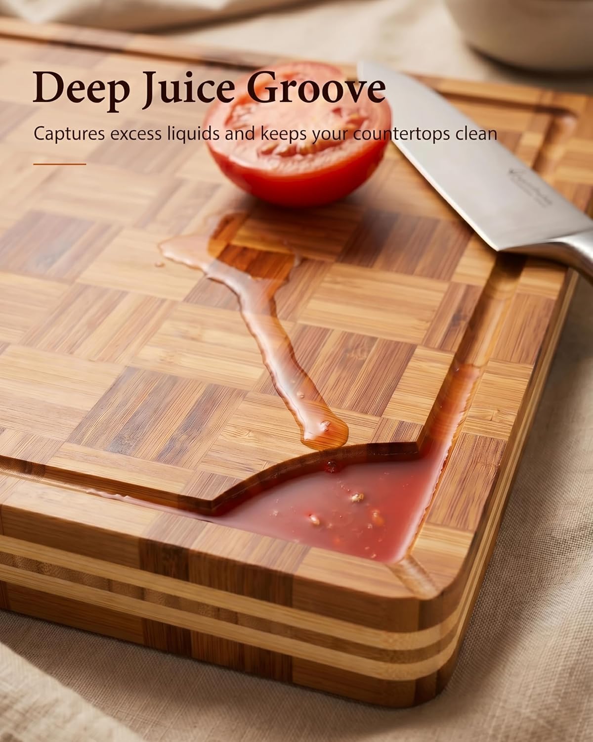 Bamboo Cutting Board 18" x 12", Heavy Duty Checkered End Grain Butcher Block for Kitchen with Deep Juice Grooves and Handles for Meat, Cheese, Charcuterie and Dough