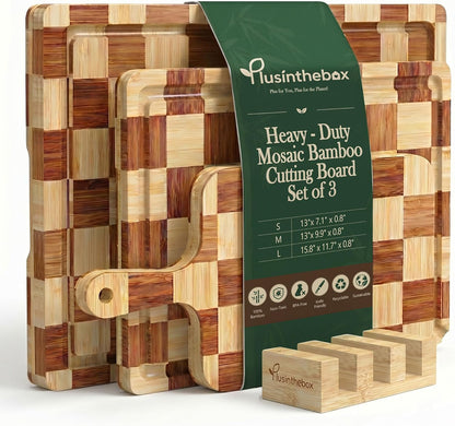 Bamboo Cutting Board 18" x 12", Heavy Duty Checkered End Grain Butcher Block for Kitchen with Deep Juice Grooves and Handles for Meat, Cheese, Charcuterie and Dough