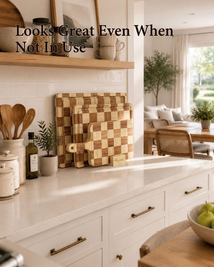 Bamboo Cutting Board 18" x 12", Heavy Duty Checkered End Grain Butcher Block for Kitchen with Deep Juice Grooves and Handles for Meat, Cheese, Charcuterie and Dough