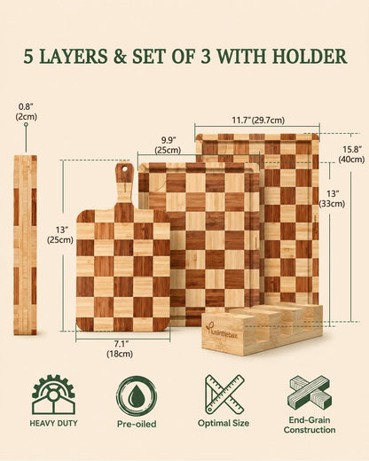 Bamboo Cutting Board 18" x 12", Heavy Duty Checkered End Grain Butcher Block for Kitchen with Deep Juice Grooves and Handles for Meat, Cheese, Charcuterie and Dough