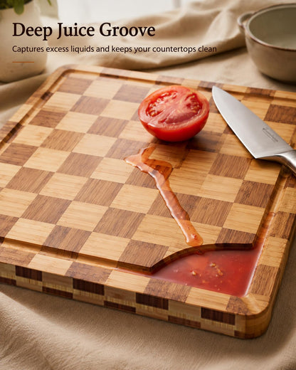 Bamboo Cutting Board 18" x 12", Heavy Duty Checkered End Grain Butcher Block for Kitchen with Deep Juice Grooves and Handles for Meat, Cheese, Charcuterie and Dough