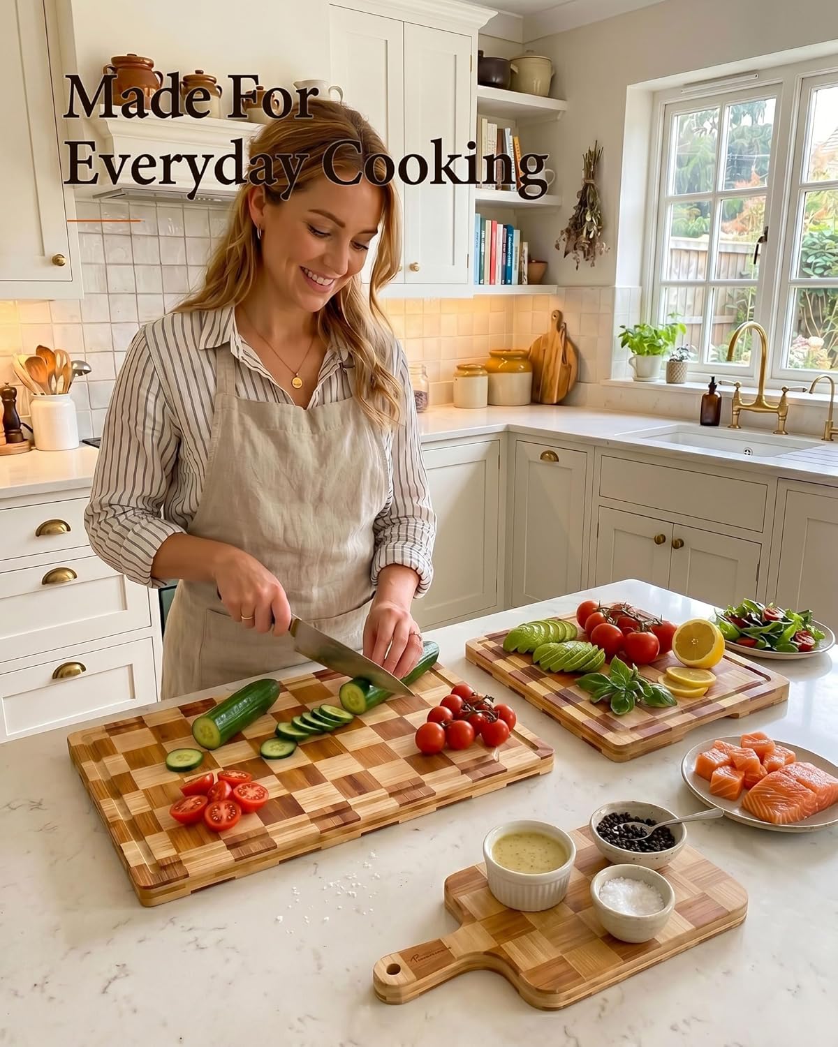 Bamboo Cutting Board 18" x 12", Heavy Duty Checkered End Grain Butcher Block for Kitchen with Deep Juice Grooves and Handles for Meat, Cheese, Charcuterie and Dough
