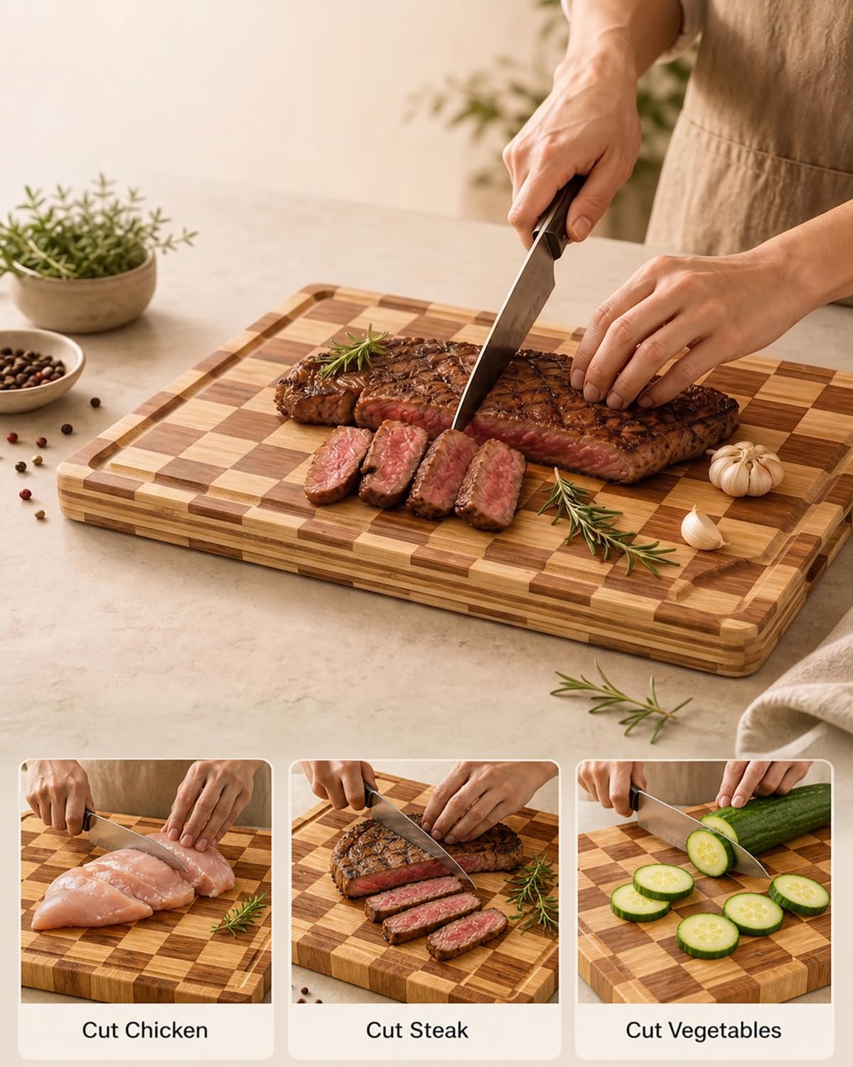 Bamboo Cutting Board 18" x 12", Heavy Duty Checkered End Grain Butcher Block for Kitchen with Deep Juice Grooves and Handles for Meat, Cheese, Charcuterie and Dough