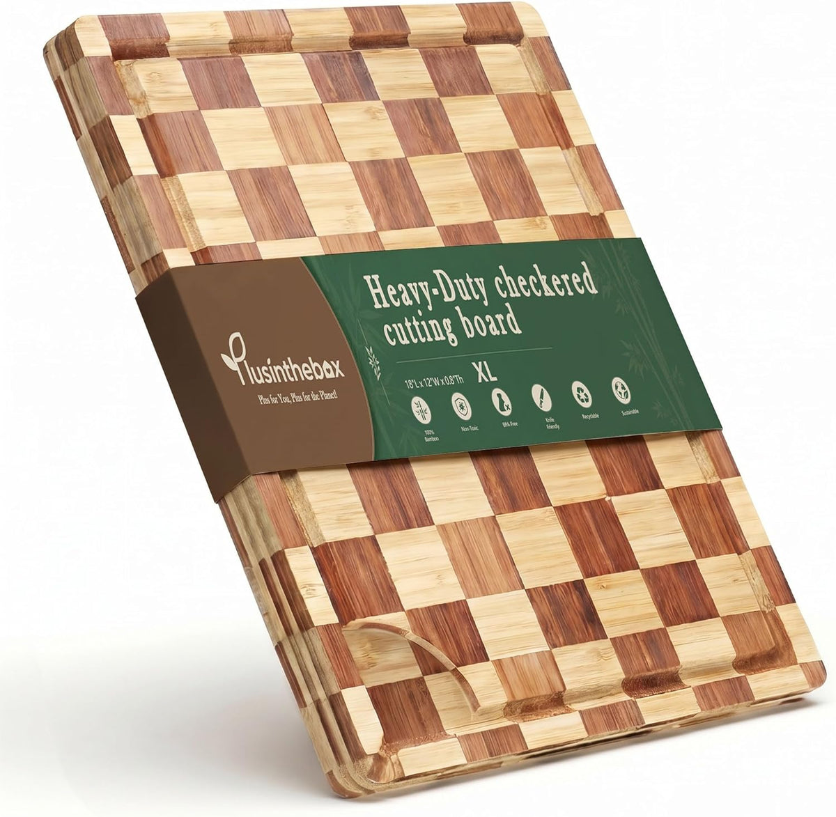 Bamboo Cutting Board 18" x 12", Heavy Duty Checkered End Grain Butcher Block for Kitchen with Deep Juice Grooves and Handles for Meat, Cheese, Charcuterie and Dough