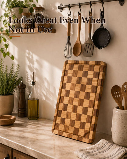 Bamboo Cutting Board 18" x 12", Heavy Duty Checkered End Grain Butcher Block for Kitchen with Deep Juice Grooves and Handles for Meat, Cheese, Charcuterie and Dough