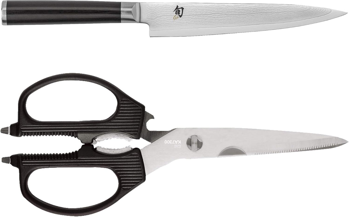 Classic 6" Utility Knife & Kai Multi-Purpose Kitchen Shears Set | Handcrafted Japanese Set, VG-MAX Core with Damascus Stainless Steel Cladding, Pakkawood Handle