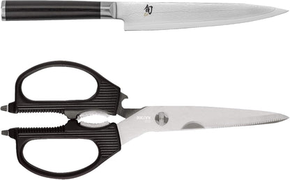 Classic 6" Utility Knife & Kai Multi-Purpose Kitchen Shears Set | Handcrafted Japanese Set, VG-MAX Core with Damascus Stainless Steel Cladding, Pakkawood Handle